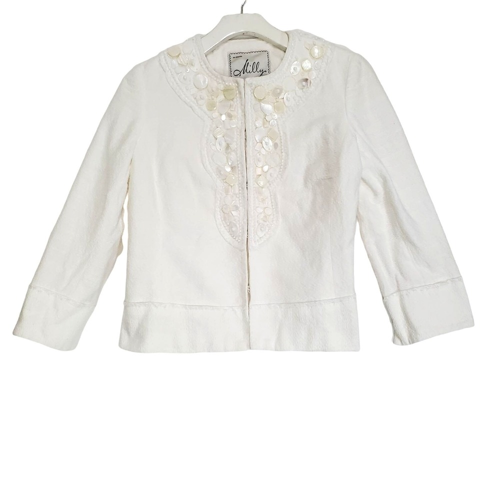 Milly Womens Coquette Coastal Ivory Jacket 4 Shell Embellished Beaded Cropped